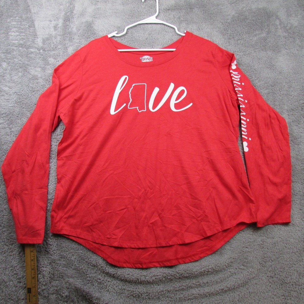 Home Free Shirt Womens Plus 2X Red Love Mississippi Graphic Long Sleeve Top
